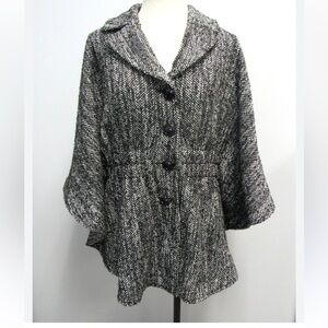 Jonathan Stone Vintage Black & White Tweed Full Button Sleeve Cape Coat Lined M